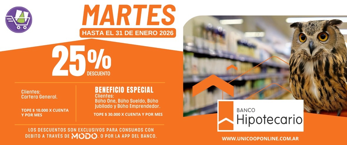 Beneficios Banco Hipotecario 25% OFF