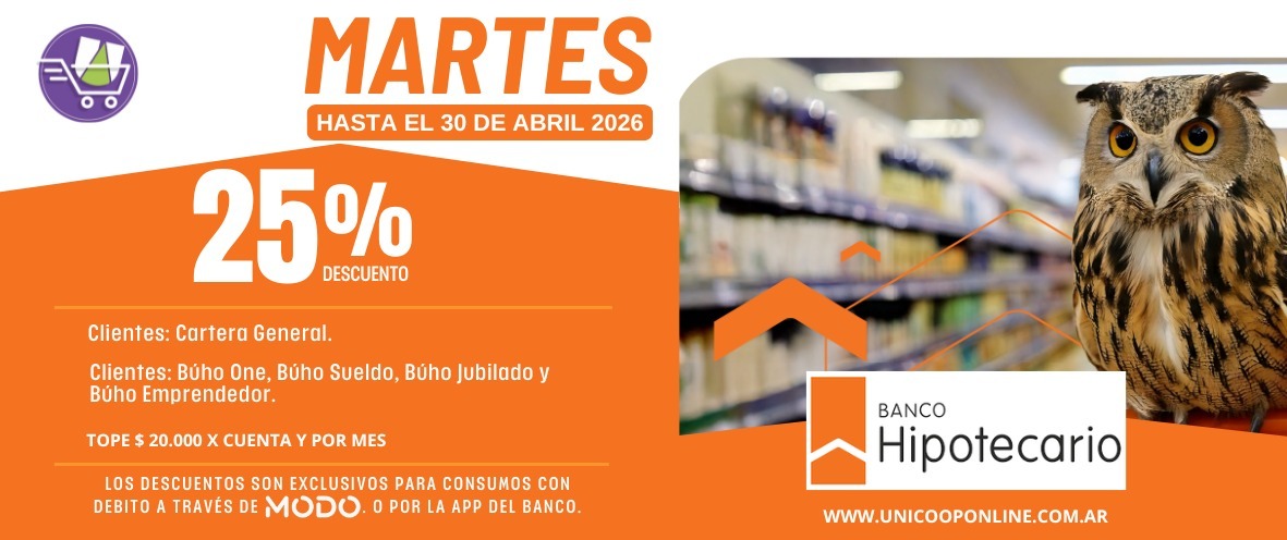 Beneficios Banco Hipotecario 25% OFF