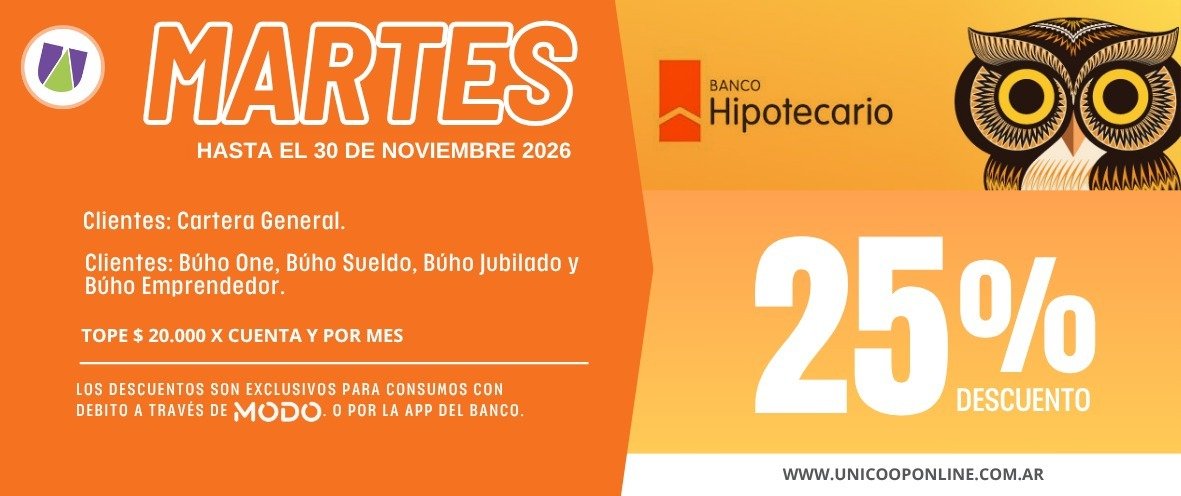 Beneficios Banco Hipotecario 25% OFF