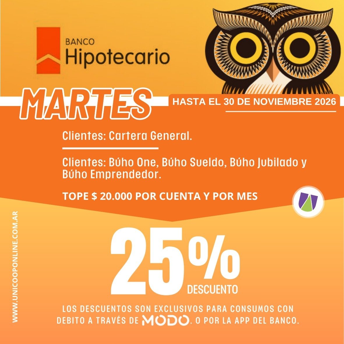 Beneficios Banco Hipotecario 25% OFF